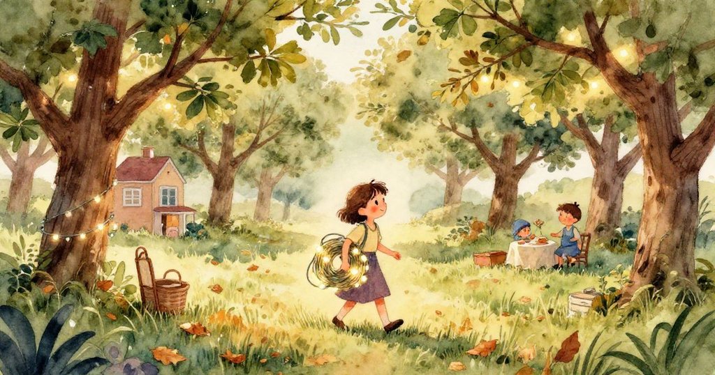 從背影看萊娜用力理清纏結電纜，她伸手拿起斑駁木板，背景中有木桶與蘋果樹，展現堅定決心。