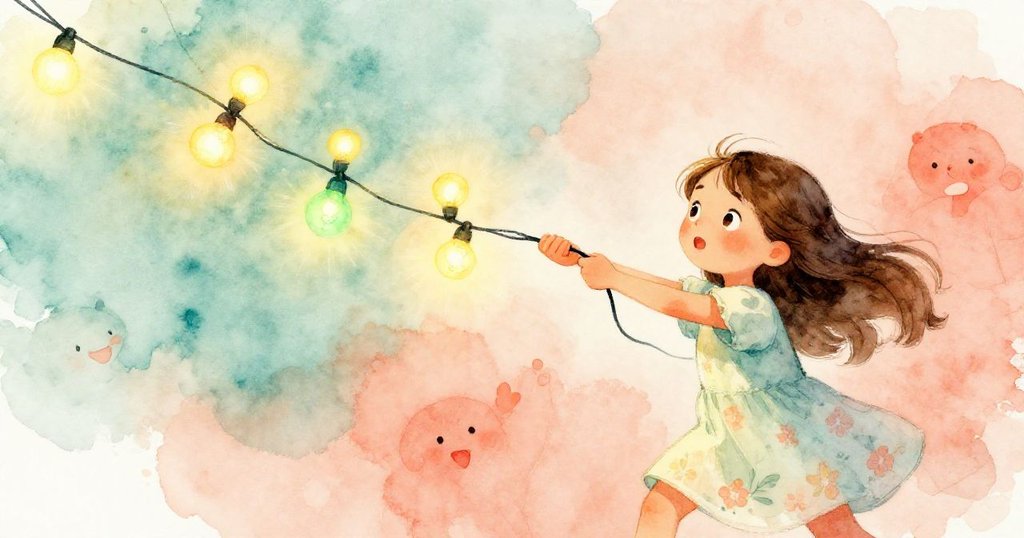 萊娜充滿活力地拉動串燈，燈泡依次閃爍，其中獨特綠燈泡光彩奪目，她的動作迅捷且興奮。