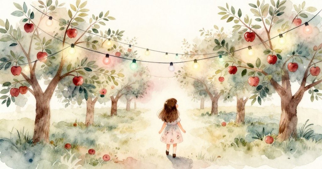 傍晚時分，萊娜滿意地望著灑滿紅黃白色燈光及獨特綠燈泡的蘋果樹，蟋蟀低鳴，氛圍寧靜完美收尾。