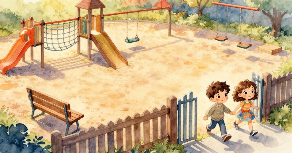 Ben 與 Emma 走入晨光下的操場,從空中俯瞰展現滑梯、沙坑與遊樂設施,充滿溫暖與期待感。