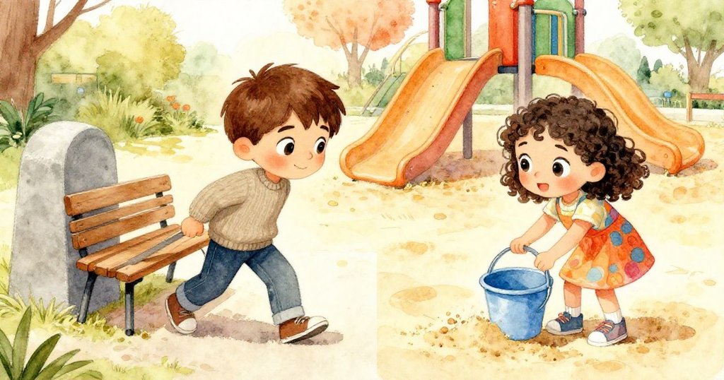 Ben 努力拖動木板凳遇里程碑阻礙,Emma 用塑料桶清理沙土,兩人展現決心與合作,操場充滿活力。