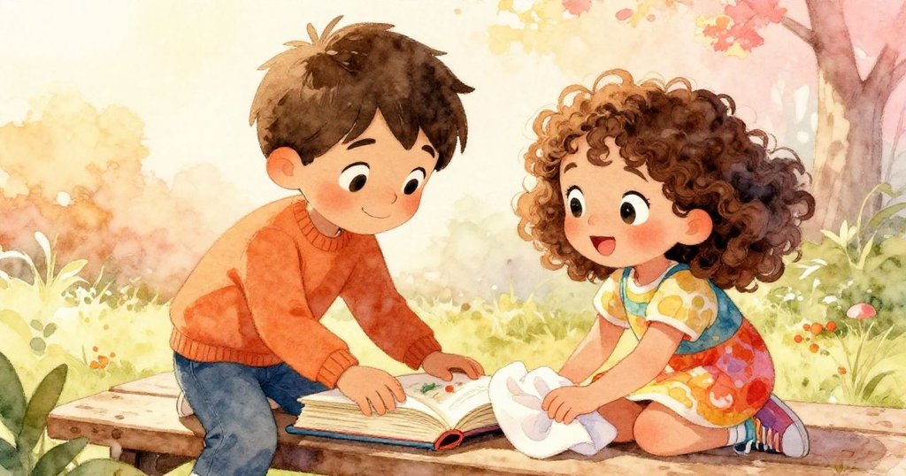 Ben 將厚重故事書放在陽光凳上,Emma 細心整理布巾,兩人展現合作喜悅,操場充滿溫馨氣氛。