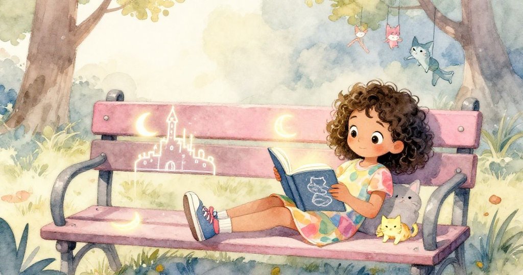 Emma 靜坐休憩在陽光下的凳旁,打開故事書,粉筆畫輕柔閃耀,展現平靜與滿足心情。