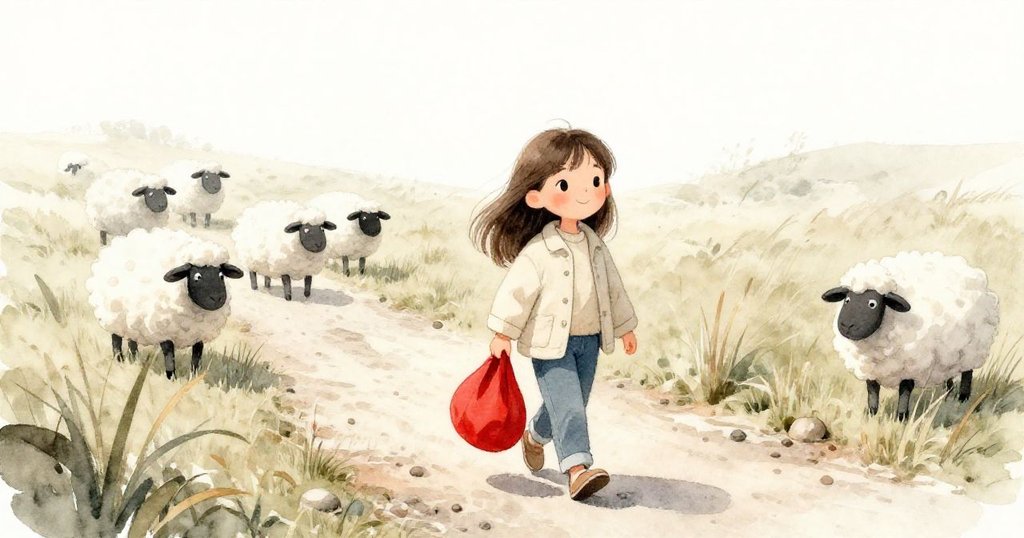 Mia在陽光燦爛的鄉間小徑上行走，紅包隨風擺動，羊群在背景中悠閒啃草，臉上流露出期待與溫暖。
