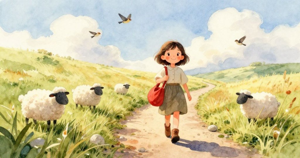 Mia專注調整紅包，手部細節清晰可見，背景透出柔和鄉村色調，流露出溫柔與認真迎接冒險的情緒。