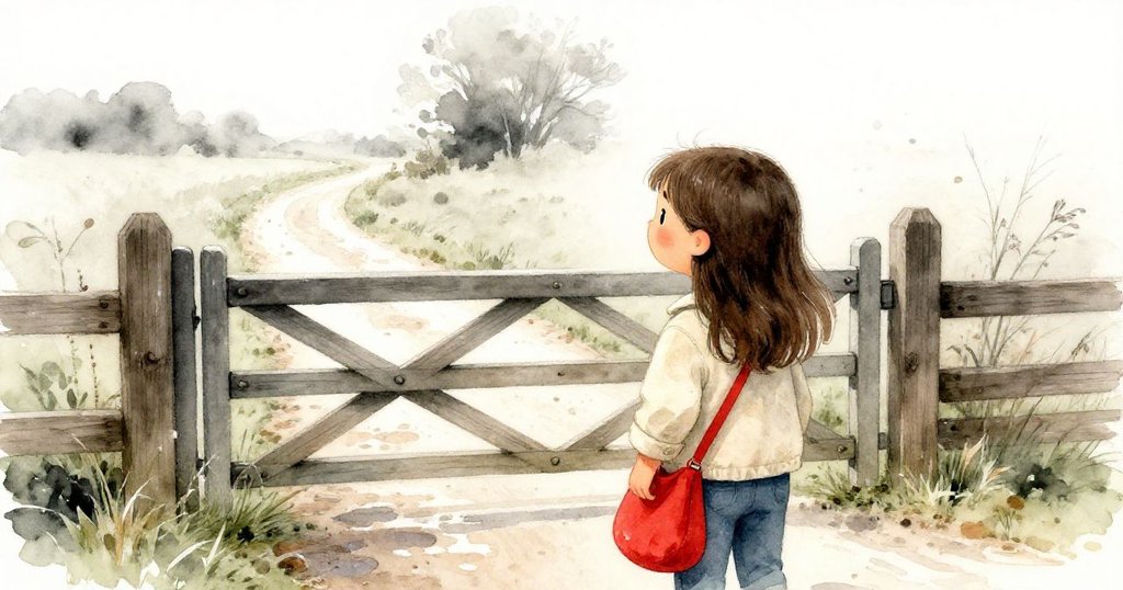 Mia從背後望向濕滑的木柵門，身影映襯在鄉村暮光下，流露出謹慎與好奇，充滿探索未知的感受。