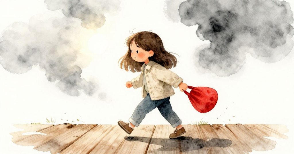 Mia在陽光與浮雲環繞下小心跨步濕木板，動作專注且充滿內心敬畏，展現與大自然微妙互動的情境。