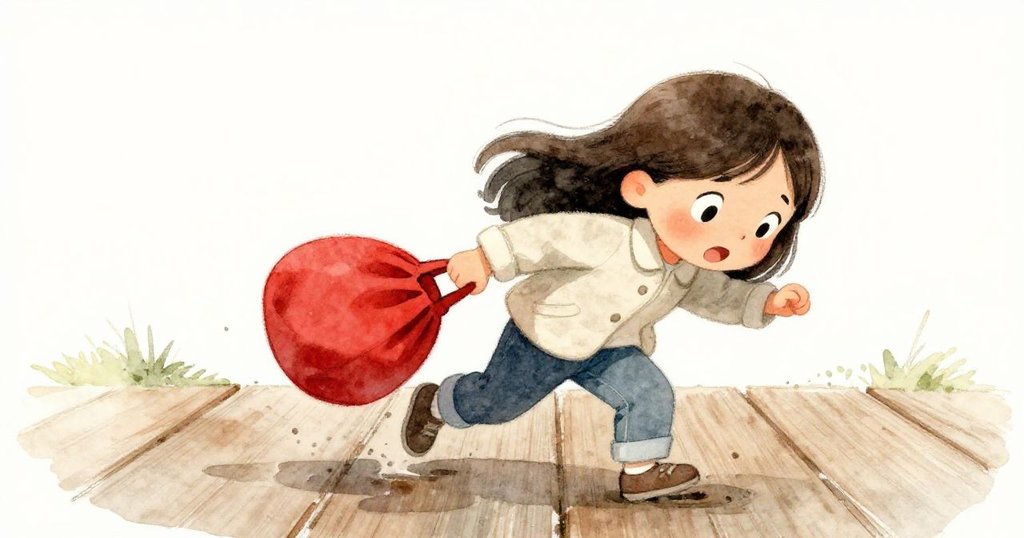 Mia腳下打滑，紅包微晃，她驚慌中迅速放下包，臉上寫滿驚訝與一絲不安，展現突發緊張瞬間。