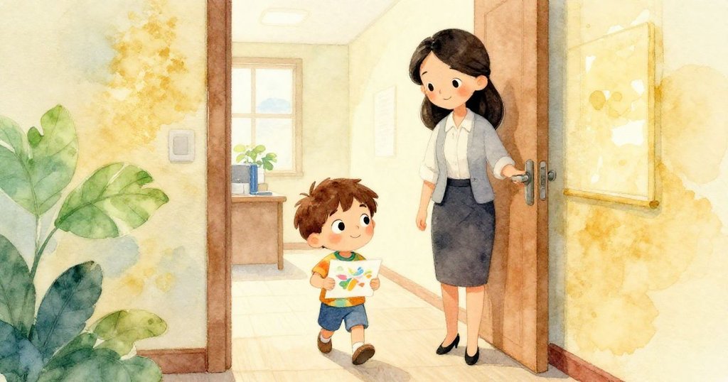 米羅和媽媽在溫暖走廊中邁向辦公室門，米羅手持亮麗畫作，充滿好奇與溫情在晨光下前進