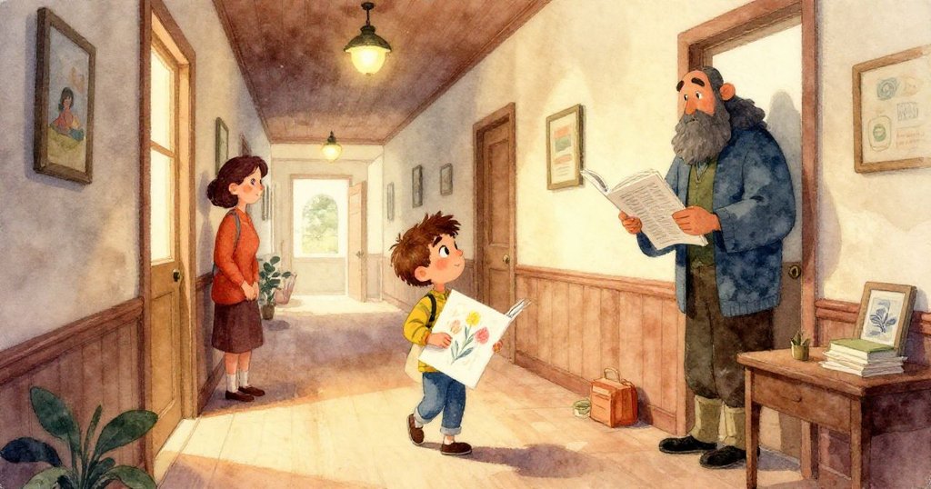 米羅伸手觸摸光滑的門把手，鮮豔畫作在旁展現精緻細節，表現溫暖光線和材質質感