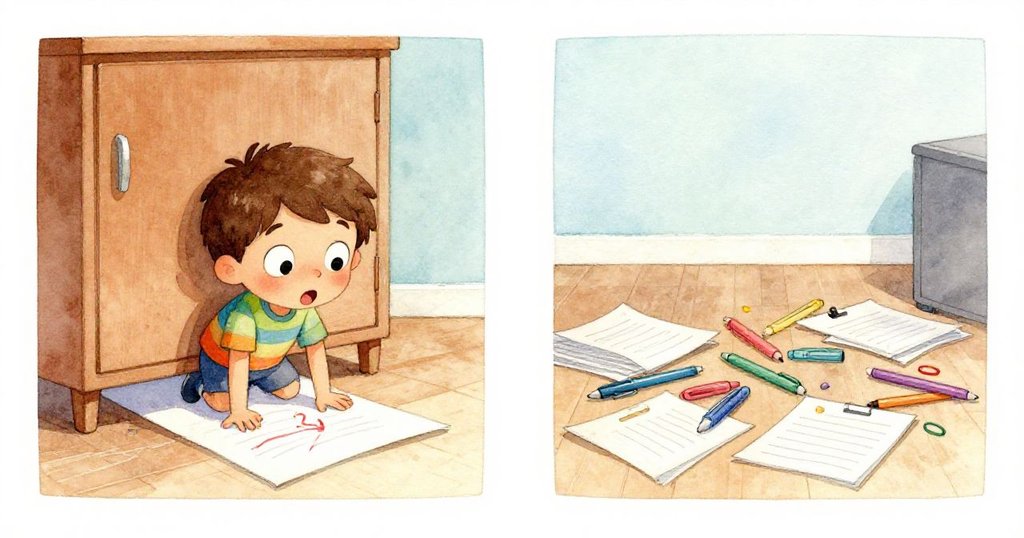 米羅驚訝地看著畫作滑入櫥櫃下，同時文件與色筆翻倒滾動，動態場景生動展現