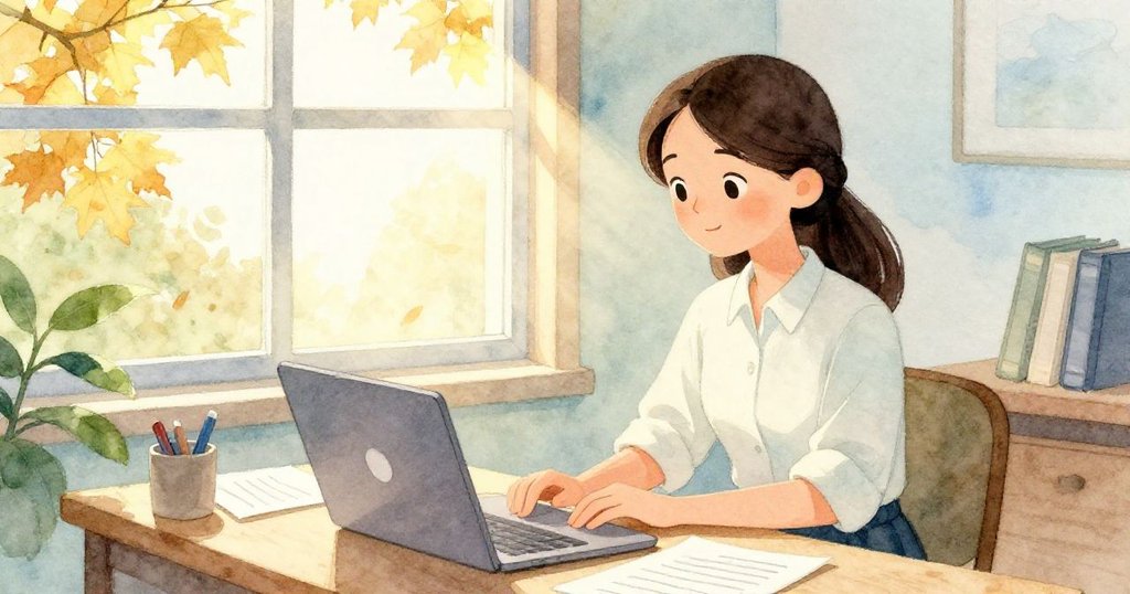 辦公室內部溫暖光線透窗灑落，桌上文件與筆電映出秋日氣息，媽媽專注工作場景