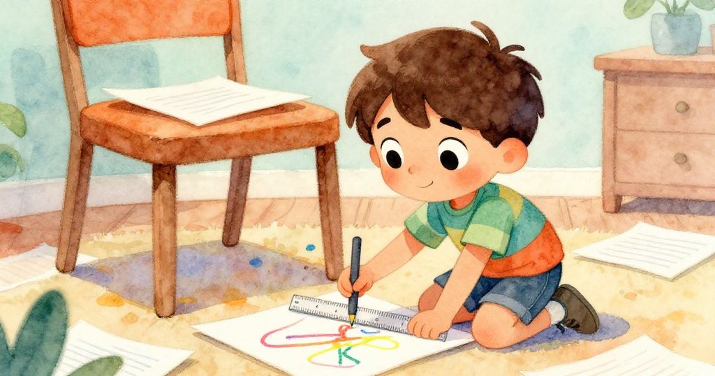 米羅跪著拿著尺子小心鉤出躲在椅子下的畫作，臉上充滿專注與堅定，四周散落文件