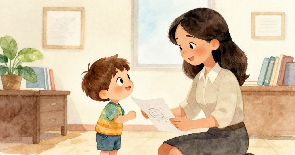 媽媽溫柔地扶起米羅的畫作，米羅滿足注視，室內回復平靜，流露親情與喜悅氛圍