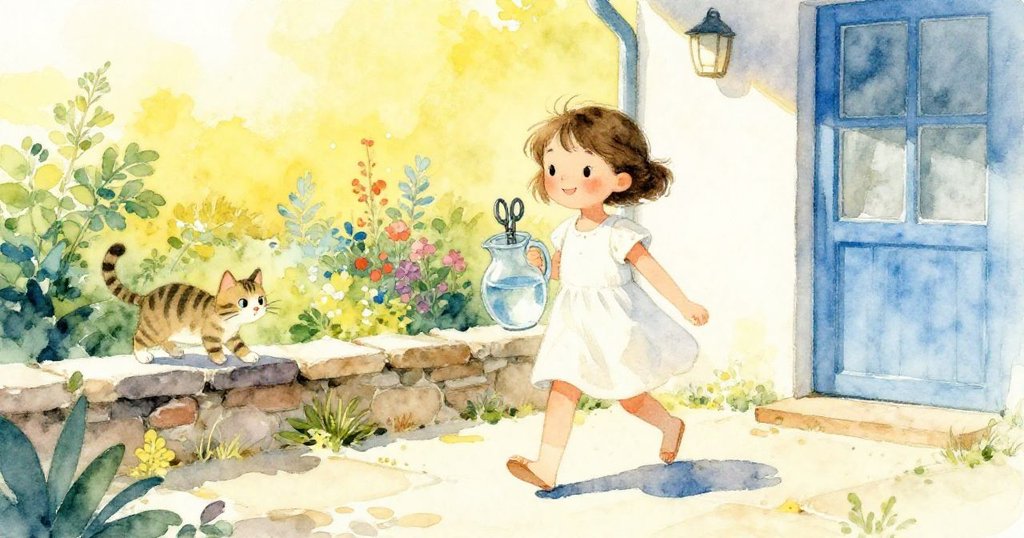 克拉拉步出後院門口，手持水罐與剪刀，條紋貓於石牆上迎接，表情期待且充滿活力，背景為陽光明媚的庭院。