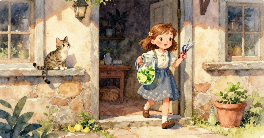 克拉拉手握閃亮玻璃水罐，水滴閃爍，細緻的香草葉映襯出自然質感，畫面溫暖細膩且專注。