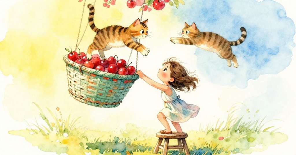 克拉拉站在搖晃的椅子上攀爬，吊掛的薄荷籃隨風擺動，條紋貓活潑跳上籃緣，畫面角度傾斜充滿動感。