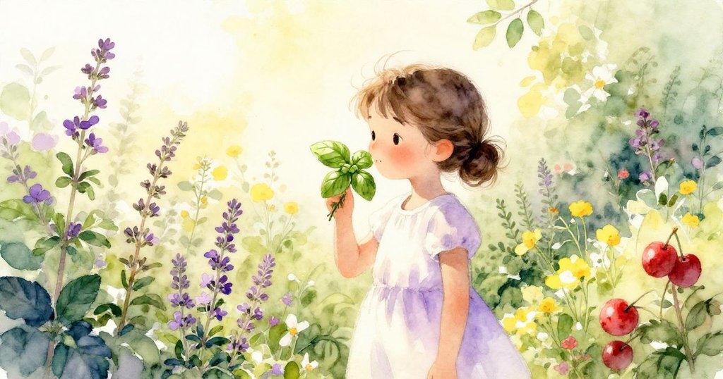 克拉拉在滿是香草的庭院中停下腳步，感受羅勒與百里香混合的芬芳，陽光柔和，環境愜意且充滿自然氣息。