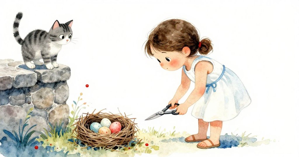 克拉拉在搖晃的薄荷籃前彎膝舉剪，驚見藏於葉間的脆弱鳥巢，條紋貓靜靜觀察，畫面充滿緊張與細膩情感。