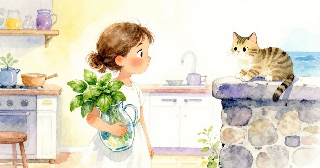 克拉拉小心剪下明亮的羅勒，手握水罐朝廚房走去，條紋貓重返石牆，溫馨畫面展現尊重與和諧。