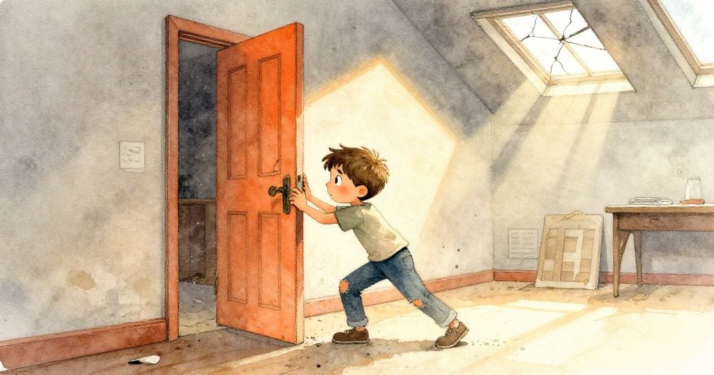 米洛推開破舊藝術室大門，房間散落著紙屑與木屑，光線斜射進來，他滿懷好奇與決心探索。