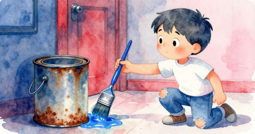 米洛伸手觸摸鮮藍濕刷，對比生鏽油漆罐，臉上流露驚喜，畫面呈現古舊與嶄新並存之奇異景象。