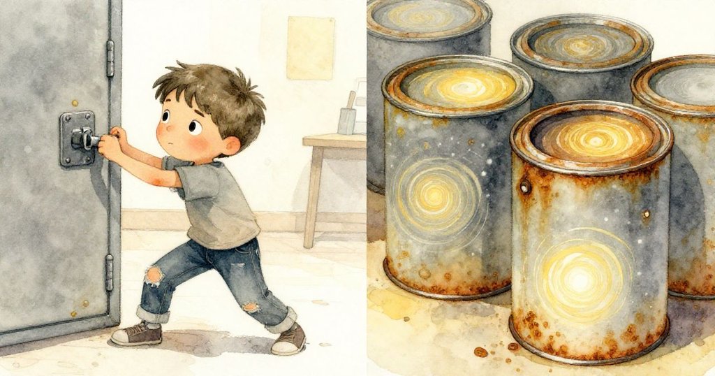 米洛努力拉扯著金屬櫃門，旁邊特寫生鏽油漆罐上漩渦狀的圖案，畫面劃分兩部分呈現解謎與發現的瞬間。