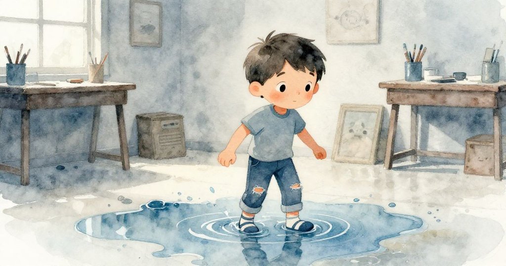 米洛小心涉水穿過冰冷積水，水面波光粼粼映出他的決心，臉上流露出堅忍與些許困境。