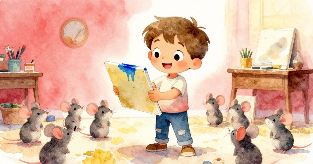 米洛欣喜擁抱重獲畫布與濕刷，臉上綻放笑容，小老鼠從陰影中探出頭來，共慶藝術再生。