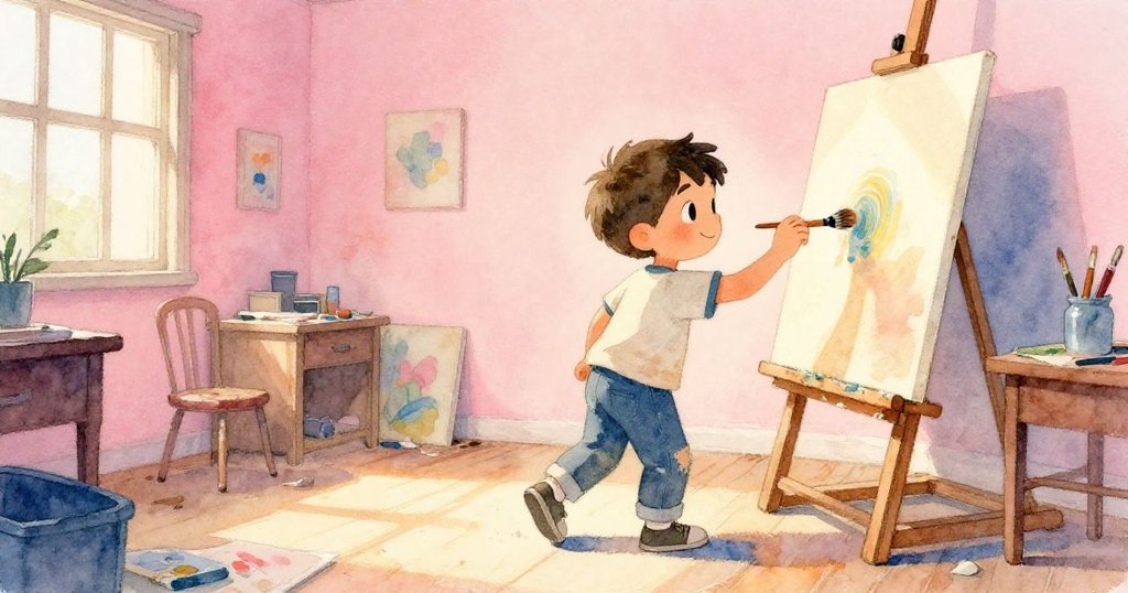 米洛離開沉寂藝術室，回首揮別，眼中滿懷希望，畫筆緩轉送別，環境靜謐中透出溫暖與重生。