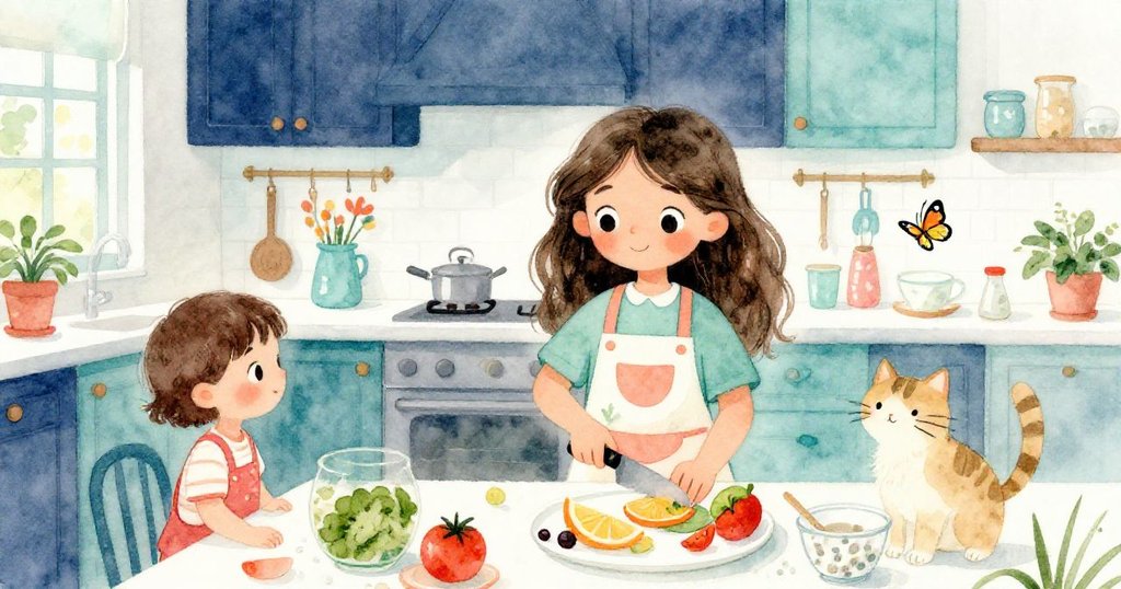 在溫暖明亮的廚房中,露西專注切著鮮豔水果,小貓與蝴蝶穿梭,背景熱鬧和諧,展開故事開始的新篇章。