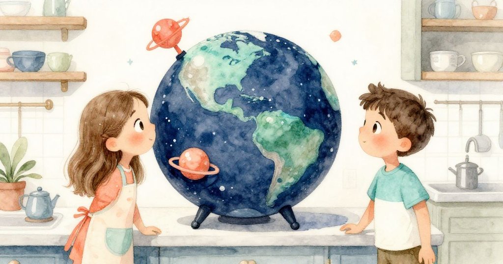 櫃台上圓形玩具星球燦爛閃耀,露西與本好奇注視,星球象徵夢想與奇幻,情感溫馨動人。