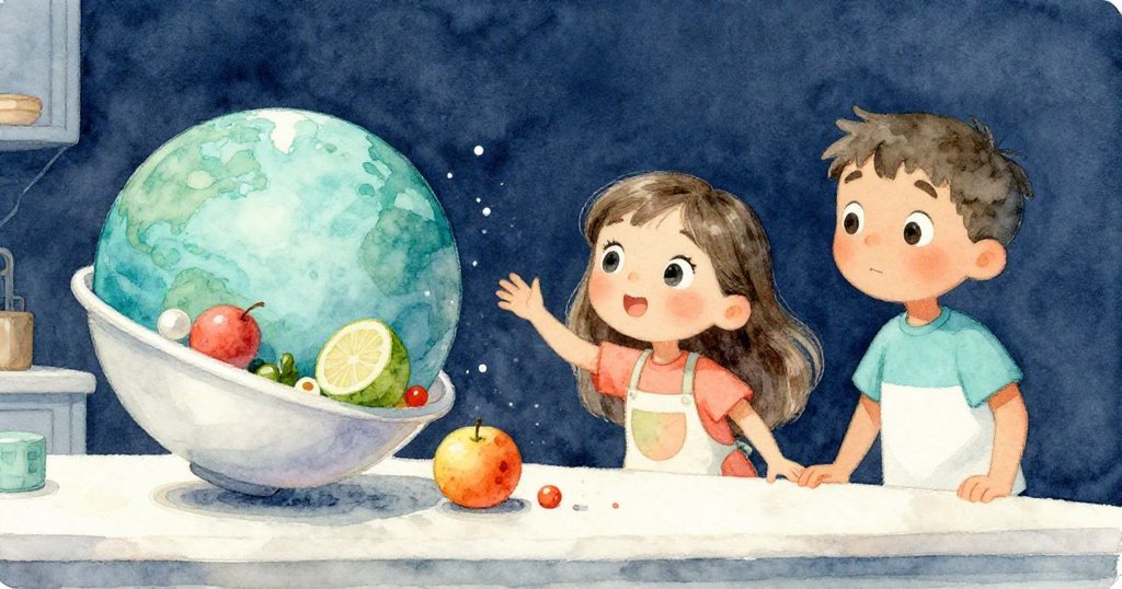 從小貓視角見到滾動的星球觸碰碗邊,水果滑落在光亮廚房中,本與露西忙中帶笑,場面充滿活力。