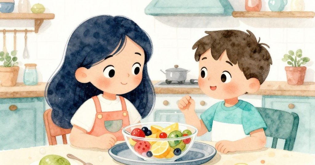 露西與本在寧靜廚房中共享精心拯救的水果沙拉,臉上洋溢著滿足笑容,故事在溫馨中圓滿落幕。