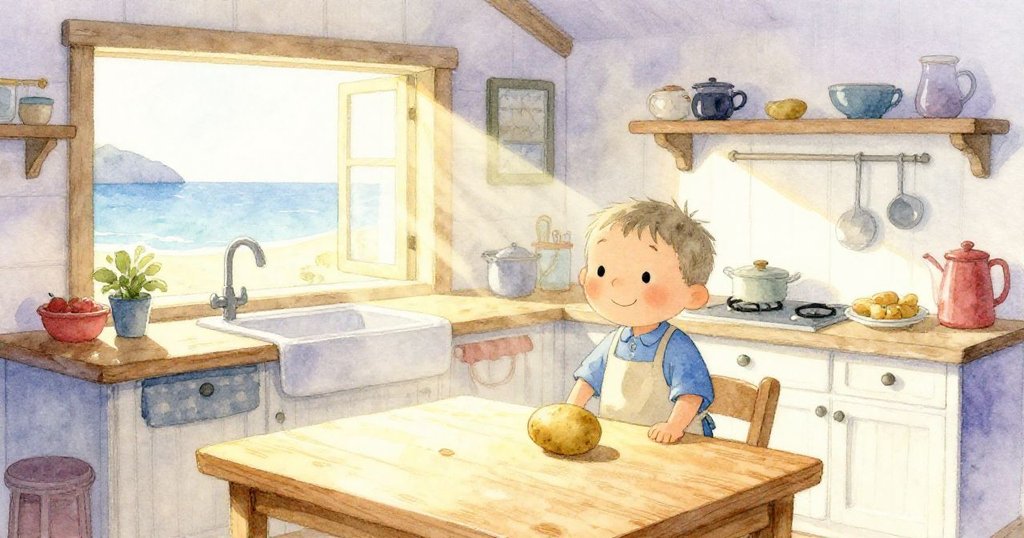 Milo在海邊小屋明亮廚房中,站在木桌旁期待烹飪,柔和早晨光線映照其專注和溫馨心情,場景溫暖寧靜。