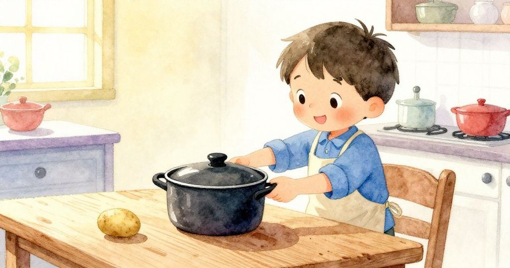 Milo在廚房中輕放深鍋與小馬鈴薯,溫暖晨光灑落木桌上,專注動作表現溫柔寧靜的烹飪時刻。