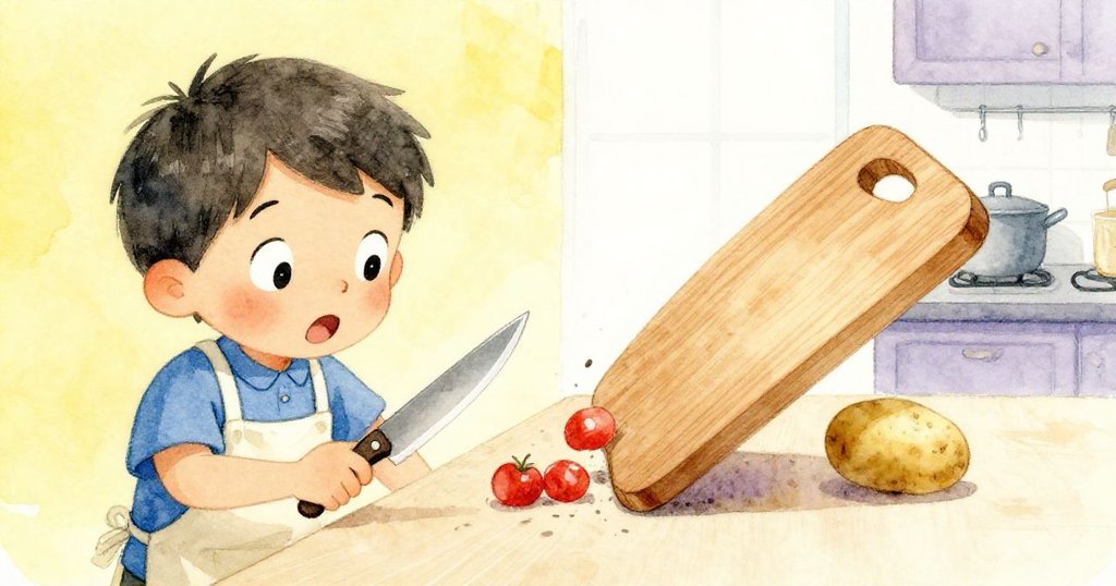 Milo驚訝表情在廚房中出現,短刀斜切橡木砧板時引發意外,馬鈴薯滾動展現細膩動作與意外瞬間。