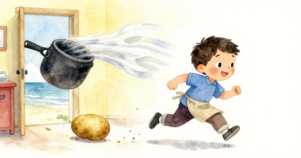 Milo急促追趕溜走馬鈴薯,意外撞動鍋子向開門處彈跳,廚房與室外風光交織,充滿動感戲劇性。