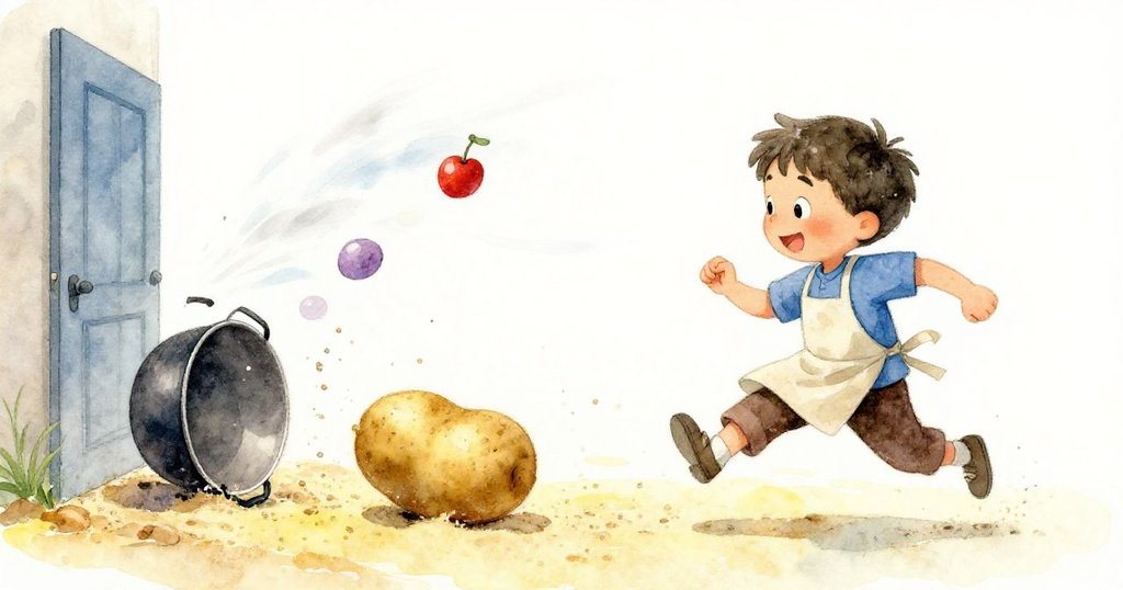 Milo急奔追趕滾動馬鈴薯,不慎踢倒鍋子並引發碰撞,海風使門大開,沙塵飛揚,情緒急促而戲劇性。