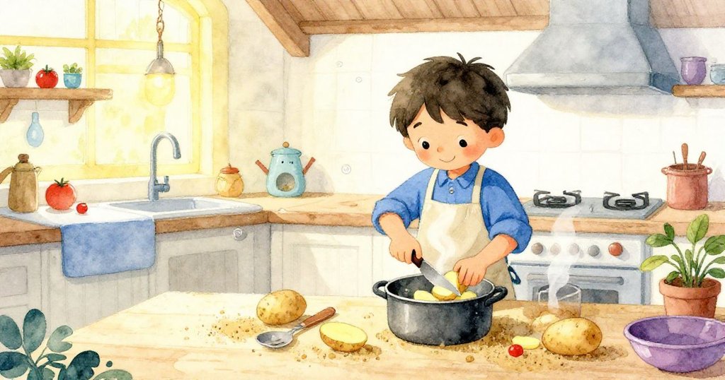 Milo在整齊廚房中關門整理散落物件,專注切製馬鈴薯放入鍋中,柔和光線中湯面冒泡展現穩定和安然。