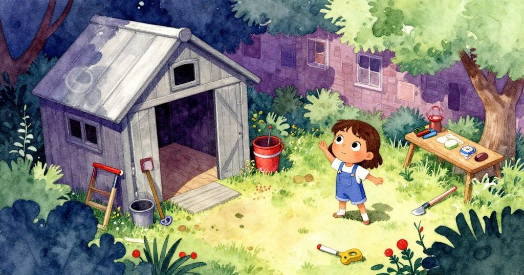 瑪麗索在庭院中忙碌，從空拍角度看見綠意花園、木屋與工具，陽光溫暖，展現冒險開始情節