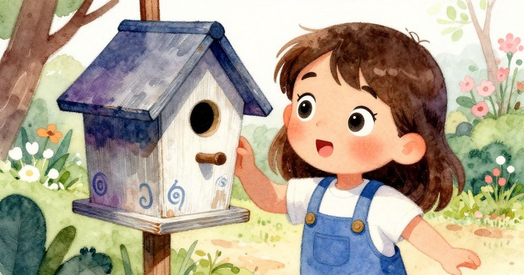 瑪麗索仔細端詳斑駁藍色鳥屋，臉上流露驚喜與好奇，細膩呈現冒險初期的探索情感