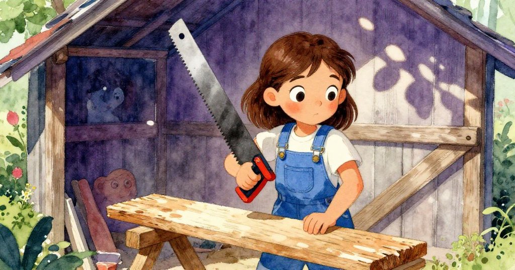 在流動光影中瑪麗索專注調整手鋸切割舊木板，光影交錯展現庭院工作氛圍與堅持努力