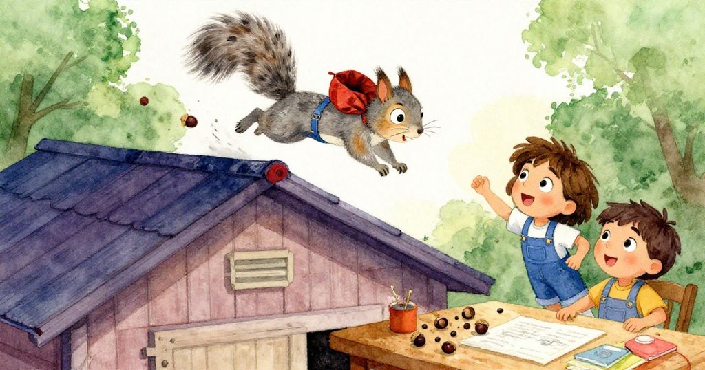 灰松鼠迅速躍上木屋頂，引發橡果橫飛桌上，瑪麗索驚訝注視動作，場景充滿生動活力