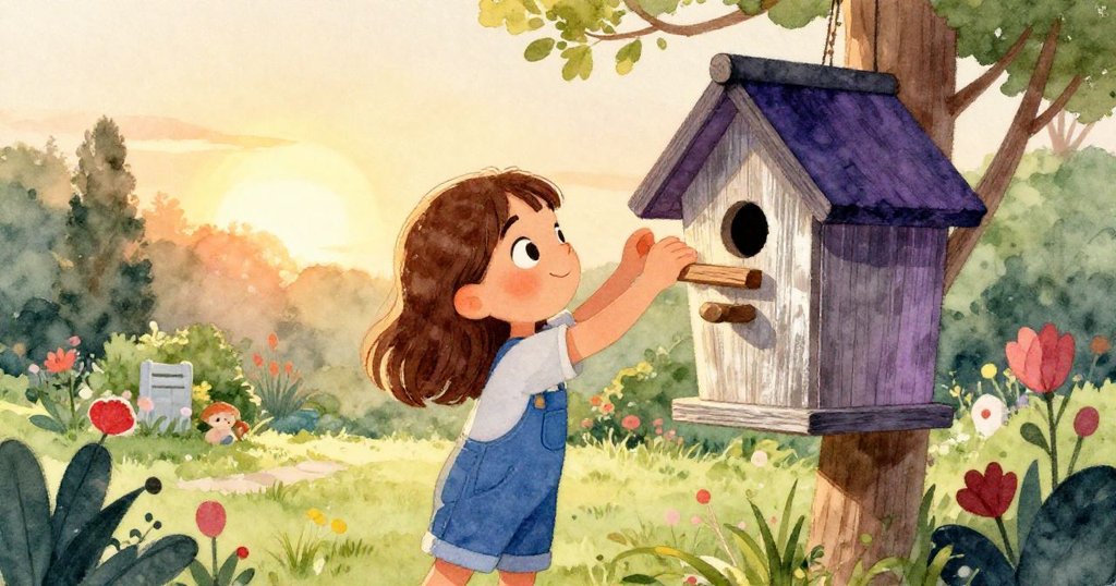 夕陽金光中瑪麗索細心將新木條裝入鳥屋，庭院溫馨安詳，展現冒險圓滿結局與心境平和