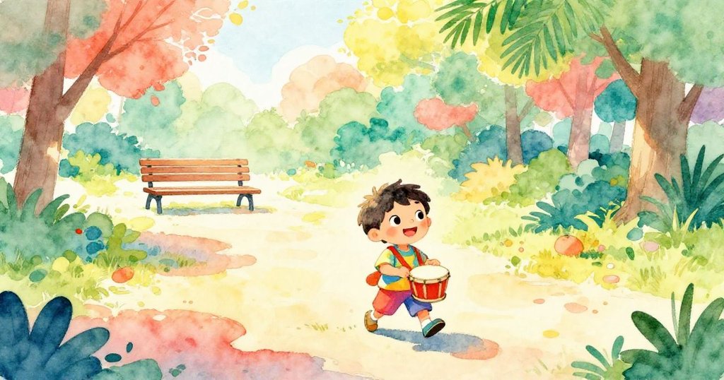 艾薇穿著彩色衣服走在陽光明媚的公園中,手持小鼓,眼中透露著期待,背景顯示長椅和鮮豔大自然。