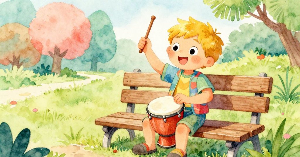 艾薇坐在長椅上,輕放小鼓並舉起木棒,動作優雅,背景為草地與柔和陽光,呈現出忙碌與準備的情景。