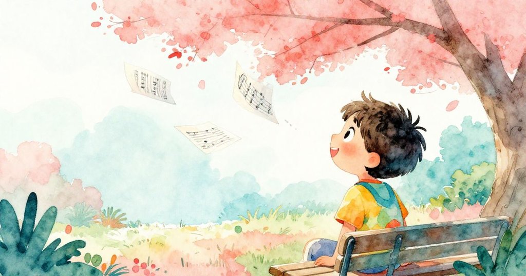 艾薇背對觀眾凝視飛舞的音樂紙張,微涼的風輕拂,紙張飄向長椅下,情境充滿靜謐詩意。