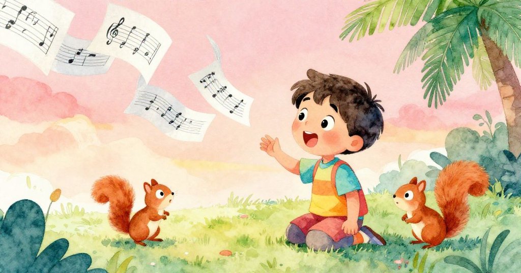 艾薇跪在長椅旁細看飛舞的樂譜,驚見一隻活潑松鼠,表情充滿好奇與微驚,背景洋溢自然溫情。