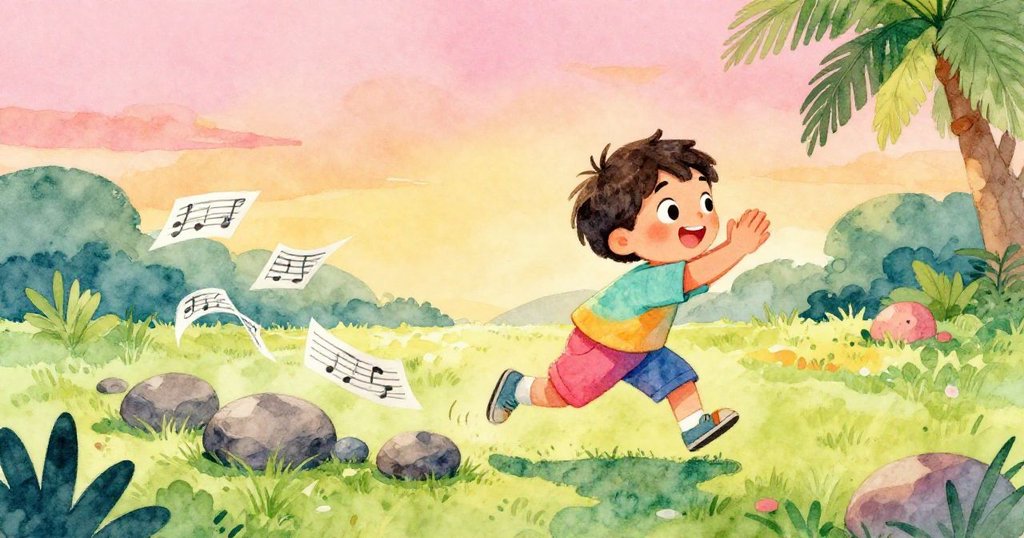 艾薇興奮拍手,活力四射地將飛舞的樂譜滑入小石堆中,動感十足,背景充滿陽光與奔放自然氣息。